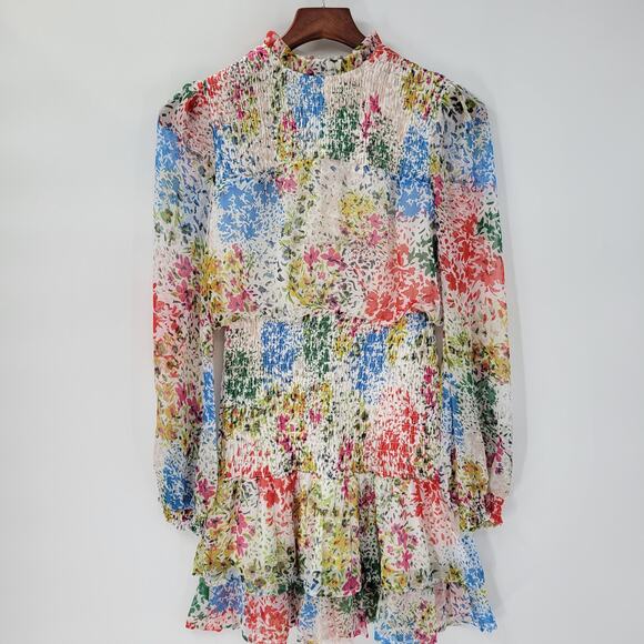 AQUA Womens‎ Dress S Cream Blue Floral Smocked Ruffle Trim Long Sleeve Mini - Picture 1 of 14